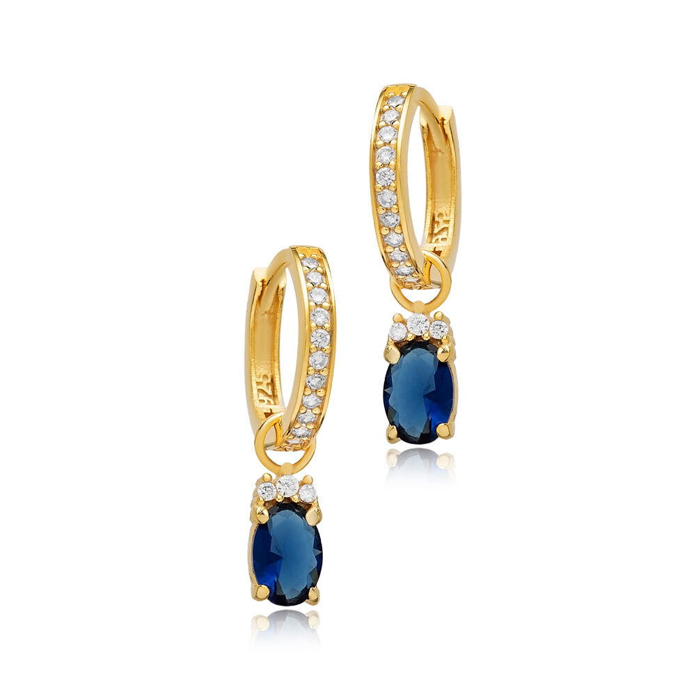 Dainty Hoop Oval Sapphire CZ Stone Silver Dangle Earrings