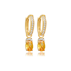 Citrine CZ Stone Oval Design Hoop Silver Dangle Earrings