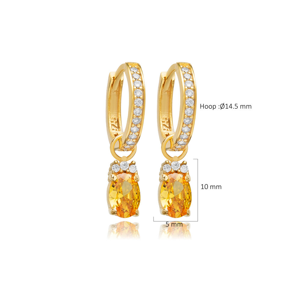 Citrine CZ Stone Oval Design Hoop Silver Dangle Earrings