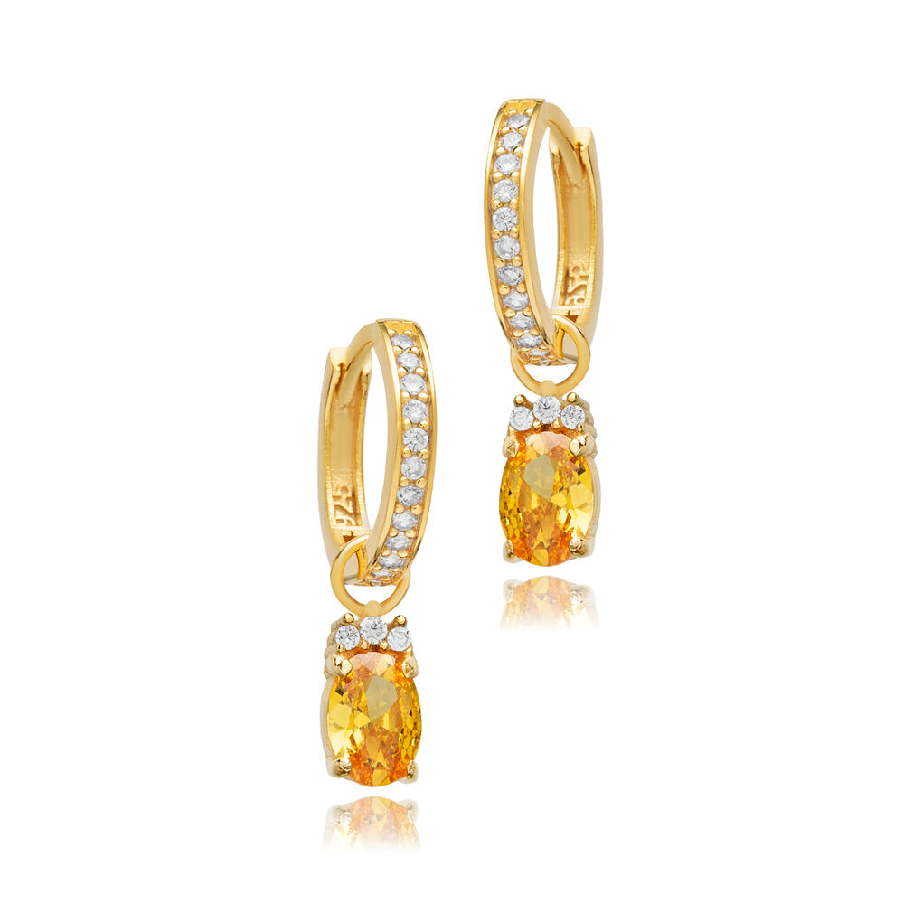 Citrine CZ Stone Oval Design Hoop Silver Dangle Earrings