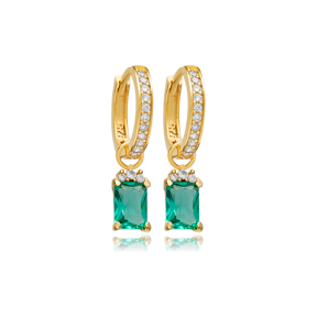 Paraiba CZ Stone Rectangle Design Hoop Silver Dangle Earrings