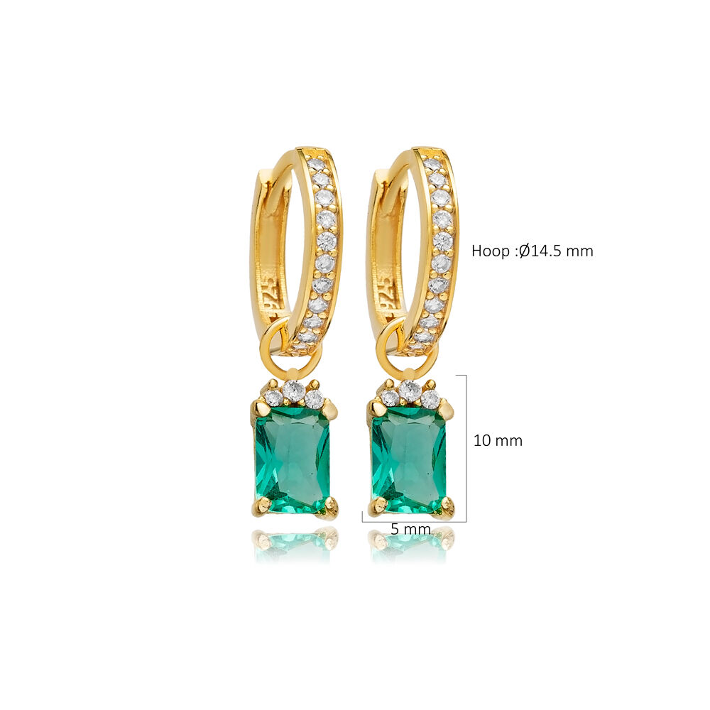 Paraiba CZ Stone Rectangle Design Hoop Silver Dangle Earrings