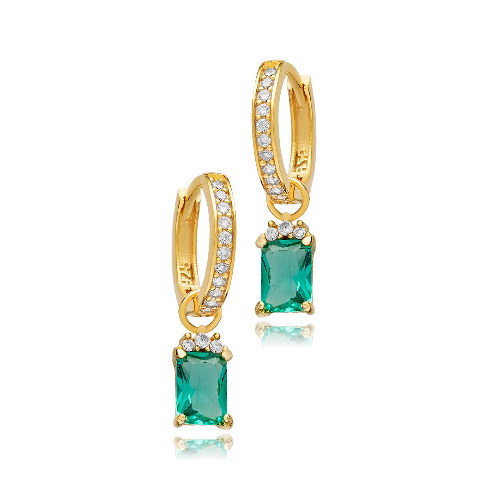 Paraiba CZ Stone Rectangle Design Hoop Silver Dangle Earrings