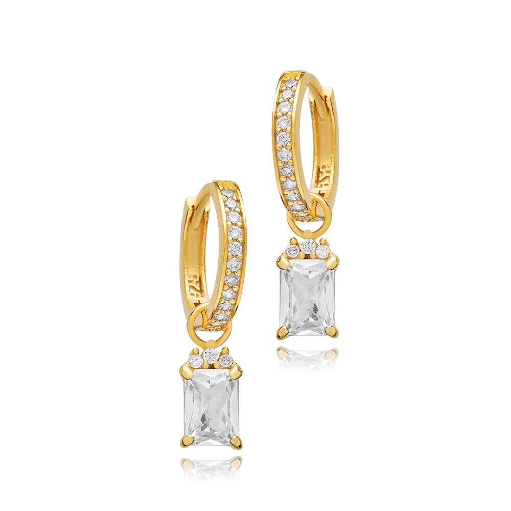 White CZ Stone Rectangle Design Hoop Silver Dangle Earrings