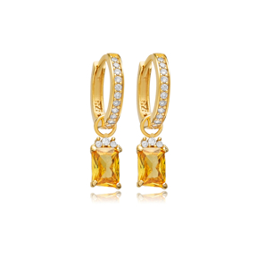 Citrine CZ Stone Rectangle Design Hoop Silver Dangle Earrings