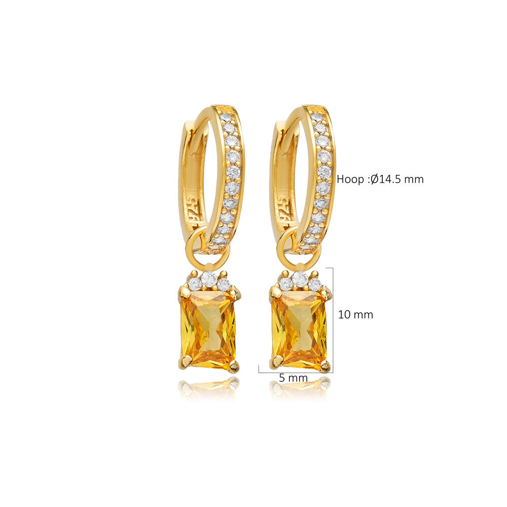 Citrine CZ Stone Rectangle Design Hoop Silver Dangle Earrings