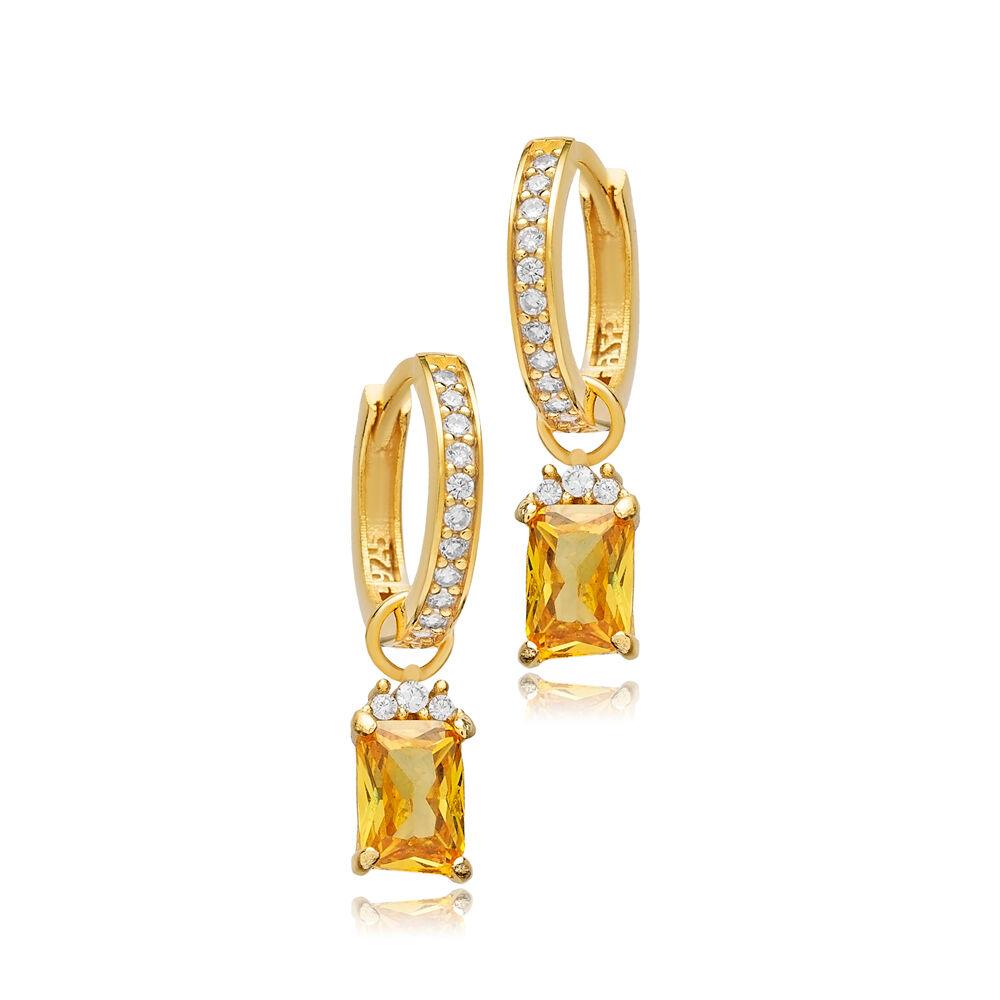 Citrine CZ Stone Rectangle Design Hoop Silver Dangle Earrings