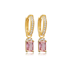 Pink CZ Stone Rectangle Design Hoop Silver Dangle Earrings