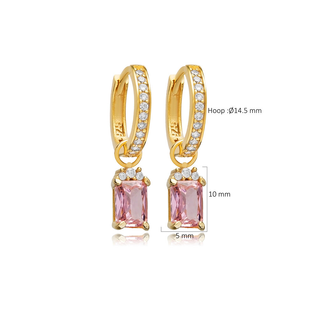 Pink CZ Stone Rectangle Design Hoop Silver Dangle Earrings