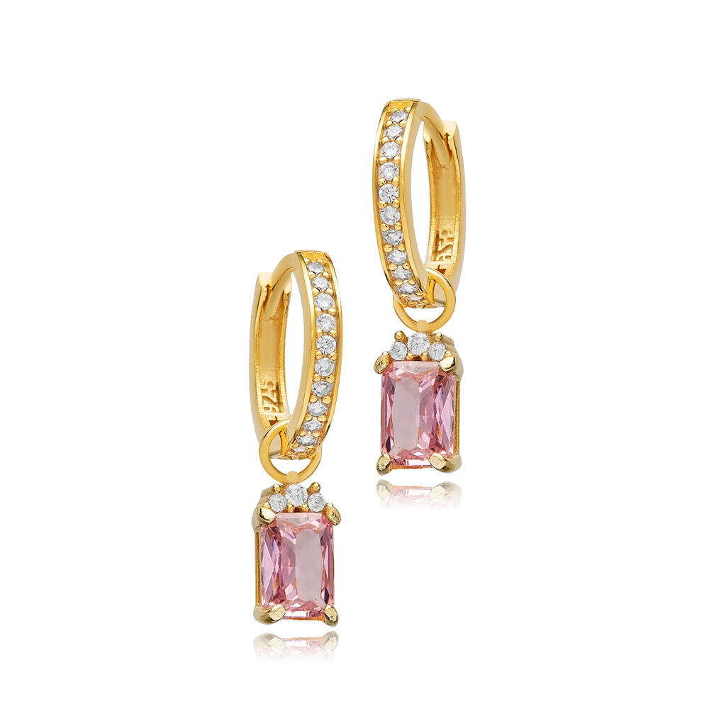 Pink CZ Stone Rectangle Design Hoop Silver Dangle Earrings