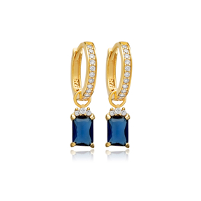 Sapphire CZ Stone Rectangle Design Hoop Silver Dangle Earrings