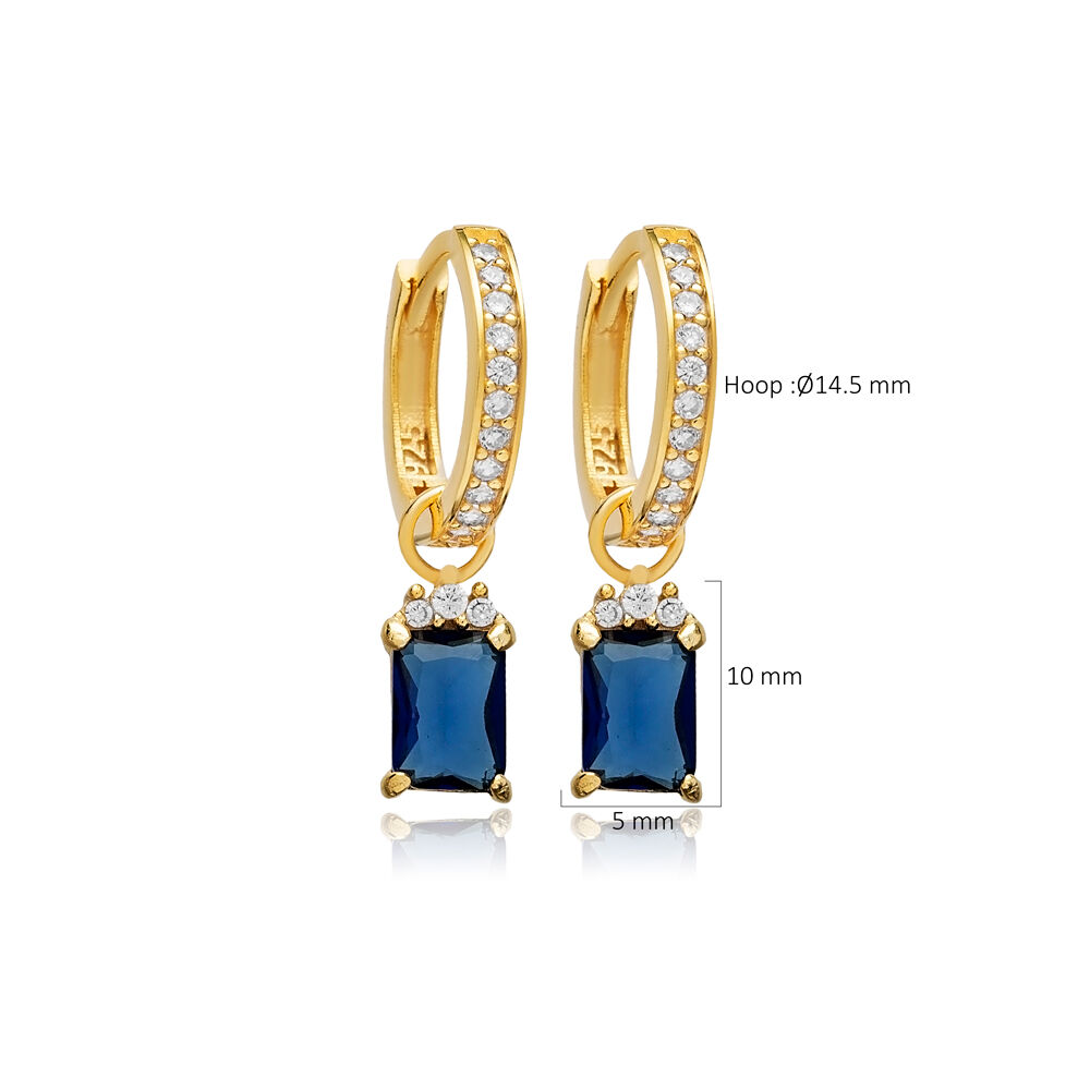 Sapphire CZ Stone Rectangle Design Hoop Silver Dangle Earrings