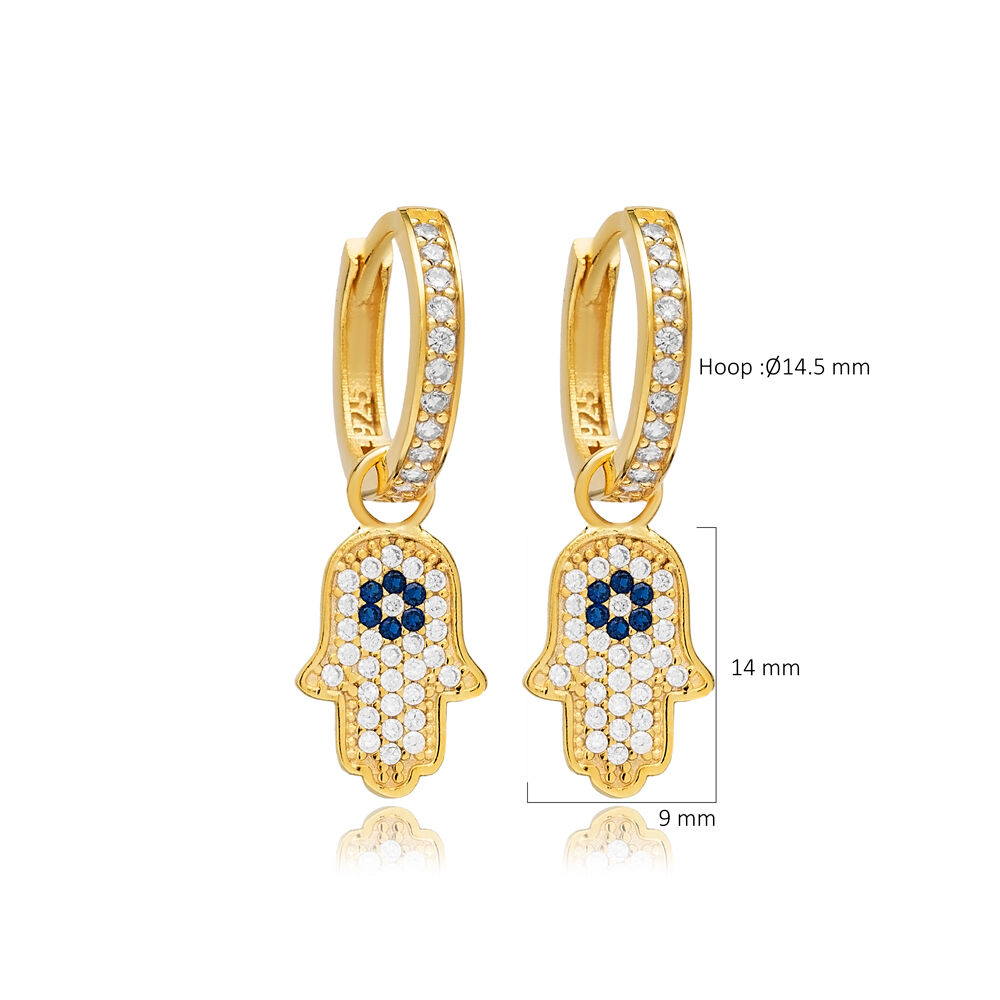 CZ Stone Hamsa Design Hoop Turkish Silver Dangle Earrings