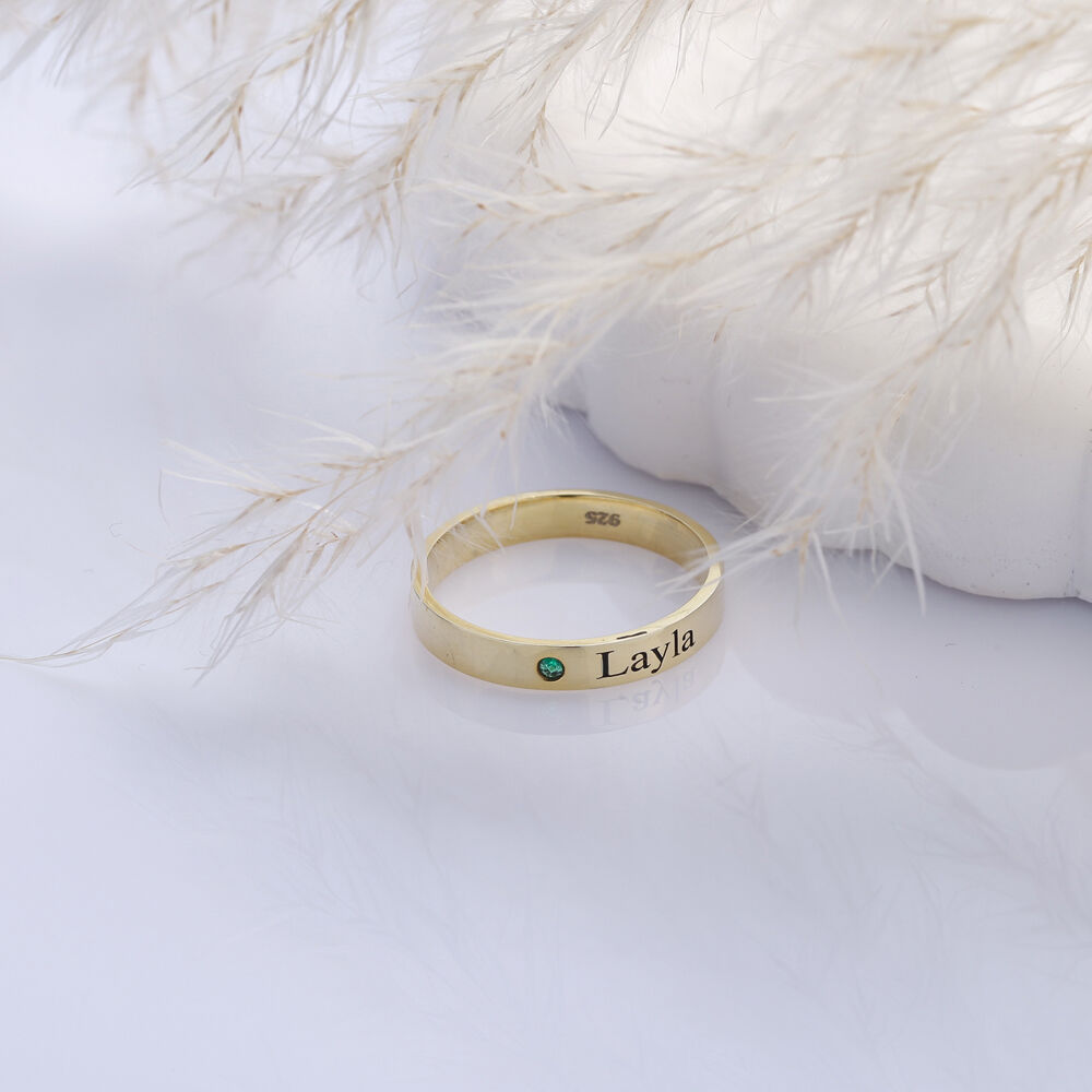 Personalized Name Ring Single Emerald CZ Stone Silver