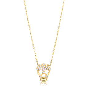 Skull Design CZ Stone Turkish Silver Charm Necklace