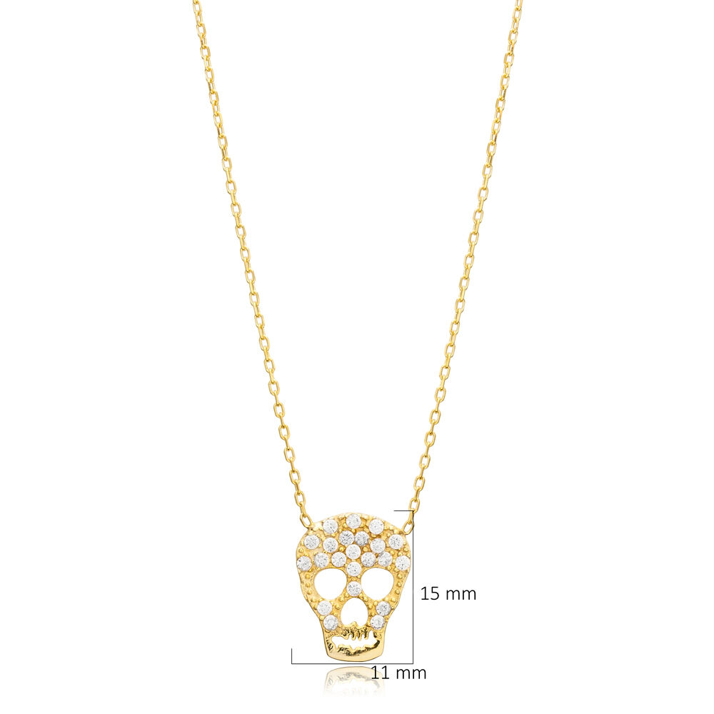 Skull Design CZ Stone Turkish Silver Charm Necklace