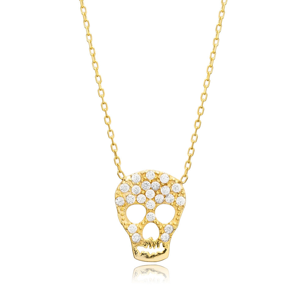 Skull Design CZ Stone Turkish Silver Charm Necklace