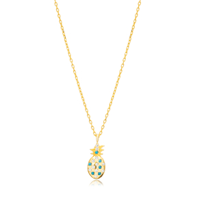 Pineapple Design Turquoise CZ Turkish Silver Charm Necklace