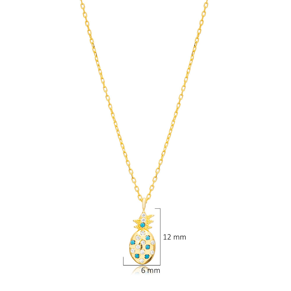 Pineapple Design Turquoise CZ Turkish Silver Charm Necklace