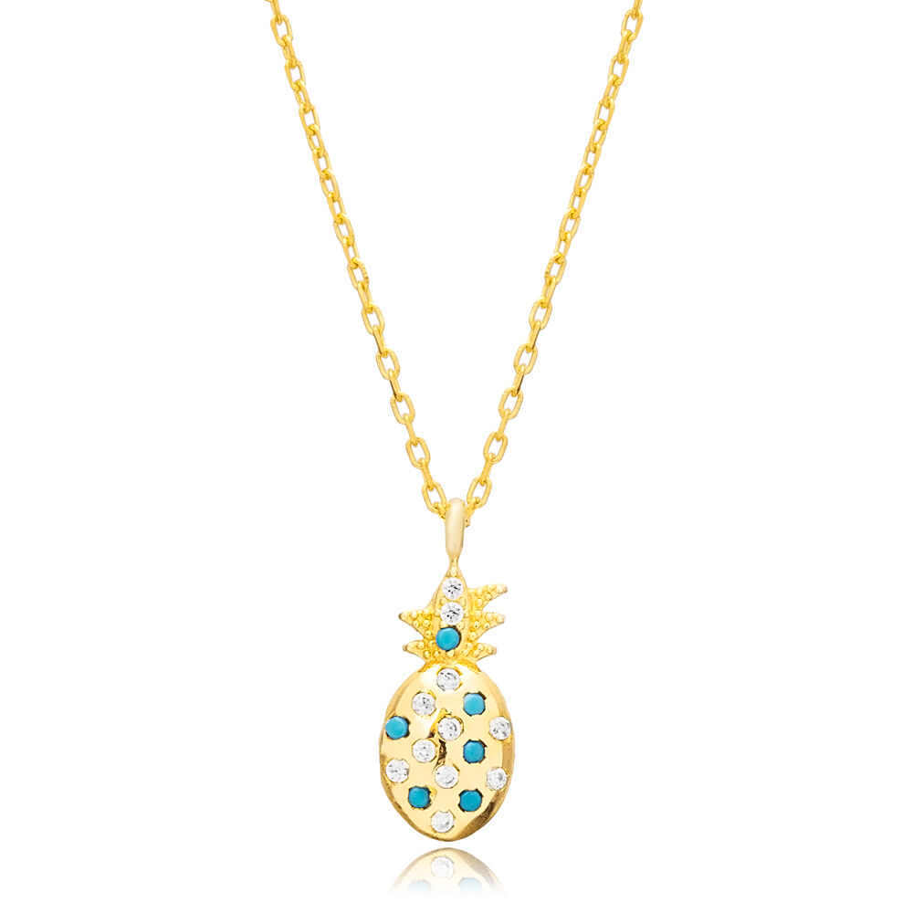 Pineapple Design Turquoise CZ Turkish Silver Charm Necklace