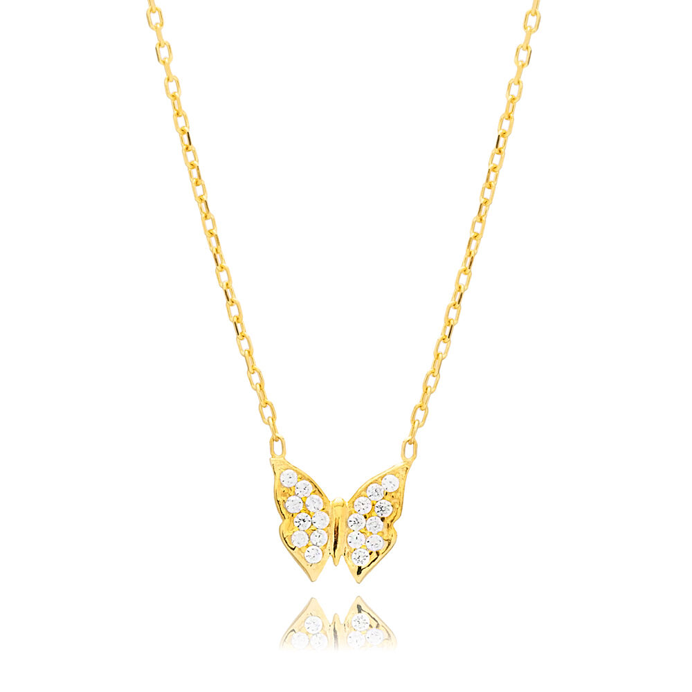 Butterfly Design Clear CZ Stone Turkish Silver Charm Necklace