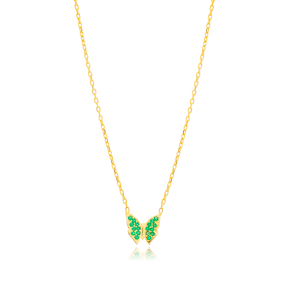 Butterfly Design Emerald CZ Stone Turkish Silver Charm Necklace