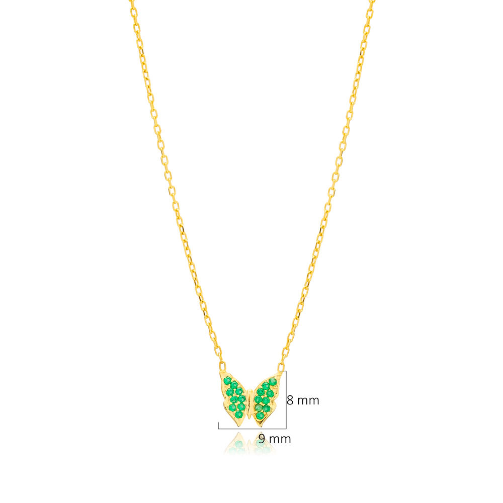 Butterfly Design Emerald CZ Stone Turkish Silver Charm Necklace