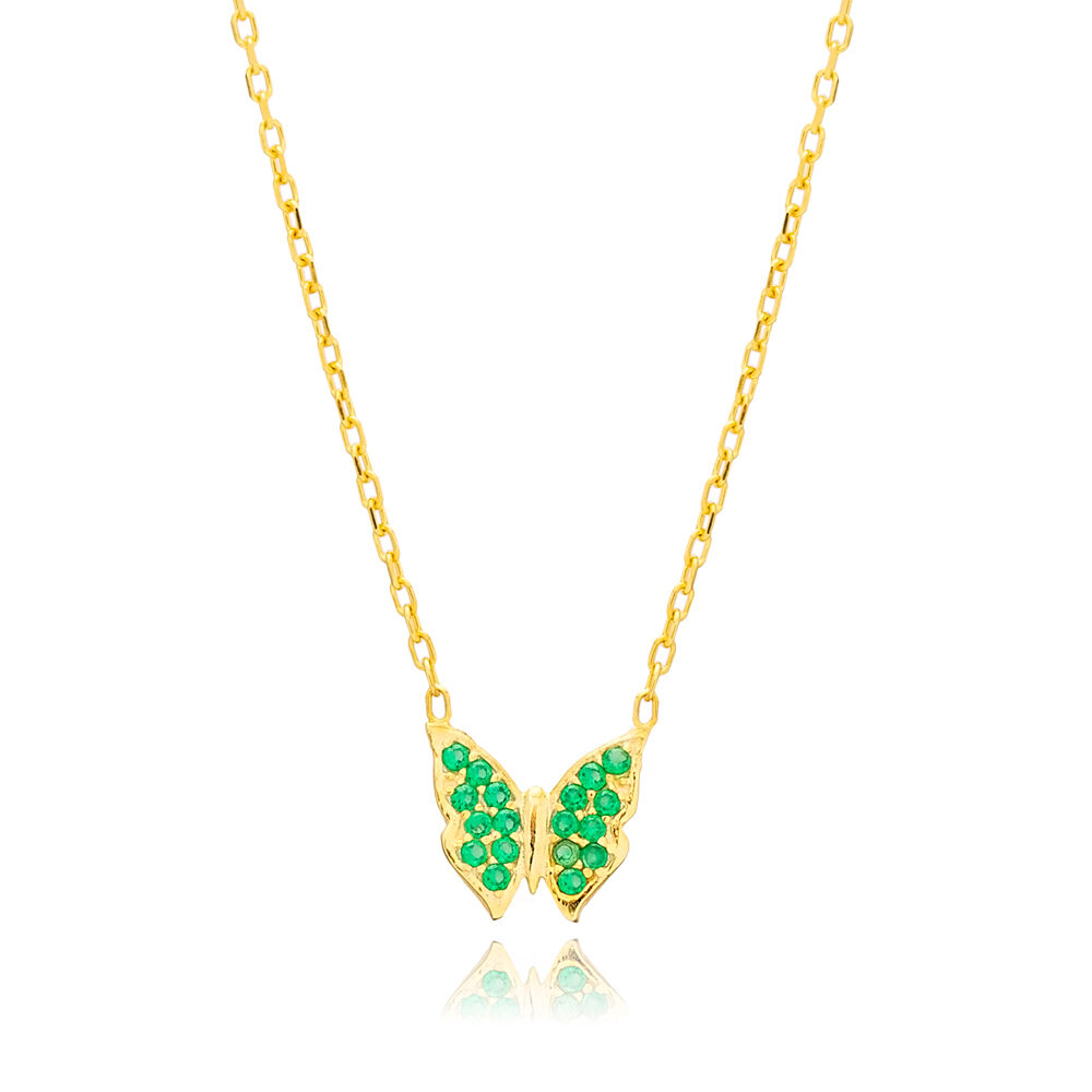 Butterfly Design Emerald CZ Stone Turkish Silver Charm Necklace