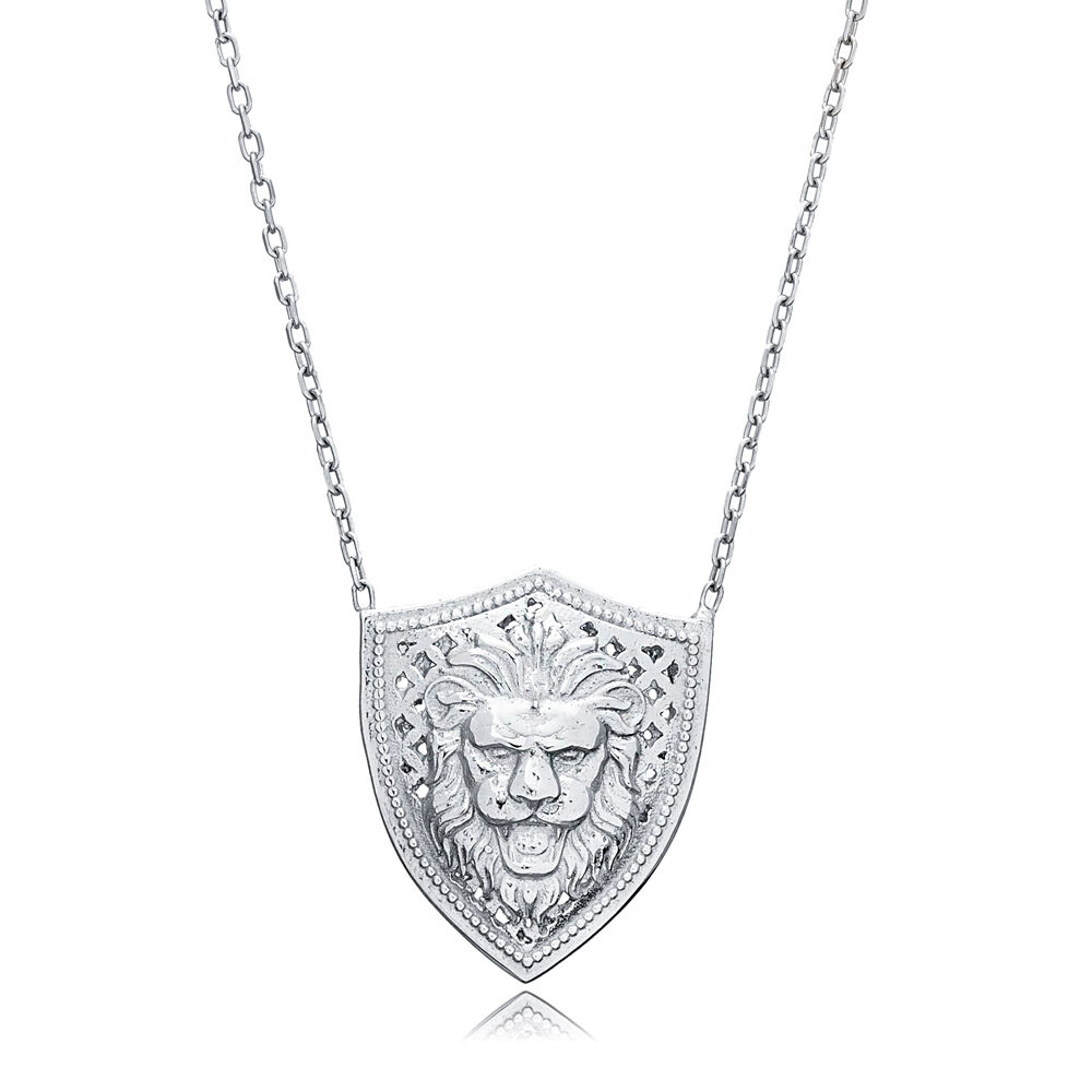 Lion Medallion Design Handmade Turkish Silver Charm Necklace