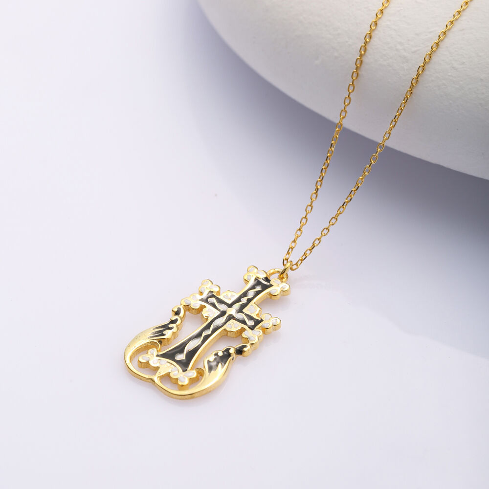 Cross Design Black Enamel Sterling Silver Charm Necklace