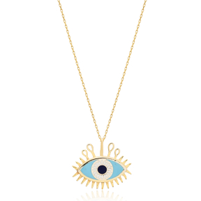 Blue Evil Eye Design Enamel Sterling Silver Charm Necklace