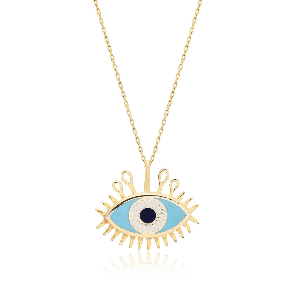 Blue Evil Eye Design Enamel Sterling Silver Charm Necklace