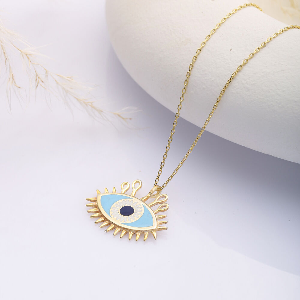 Blue Evil Eye Design Enamel Sterling Silver Charm Necklace