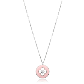 Flower Design Pink Enamel Sterling Silver Charm Necklace