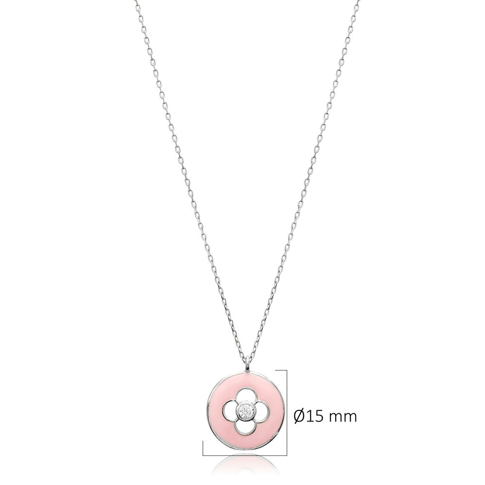 Flower Design Pink Enamel Sterling Silver Charm Necklace