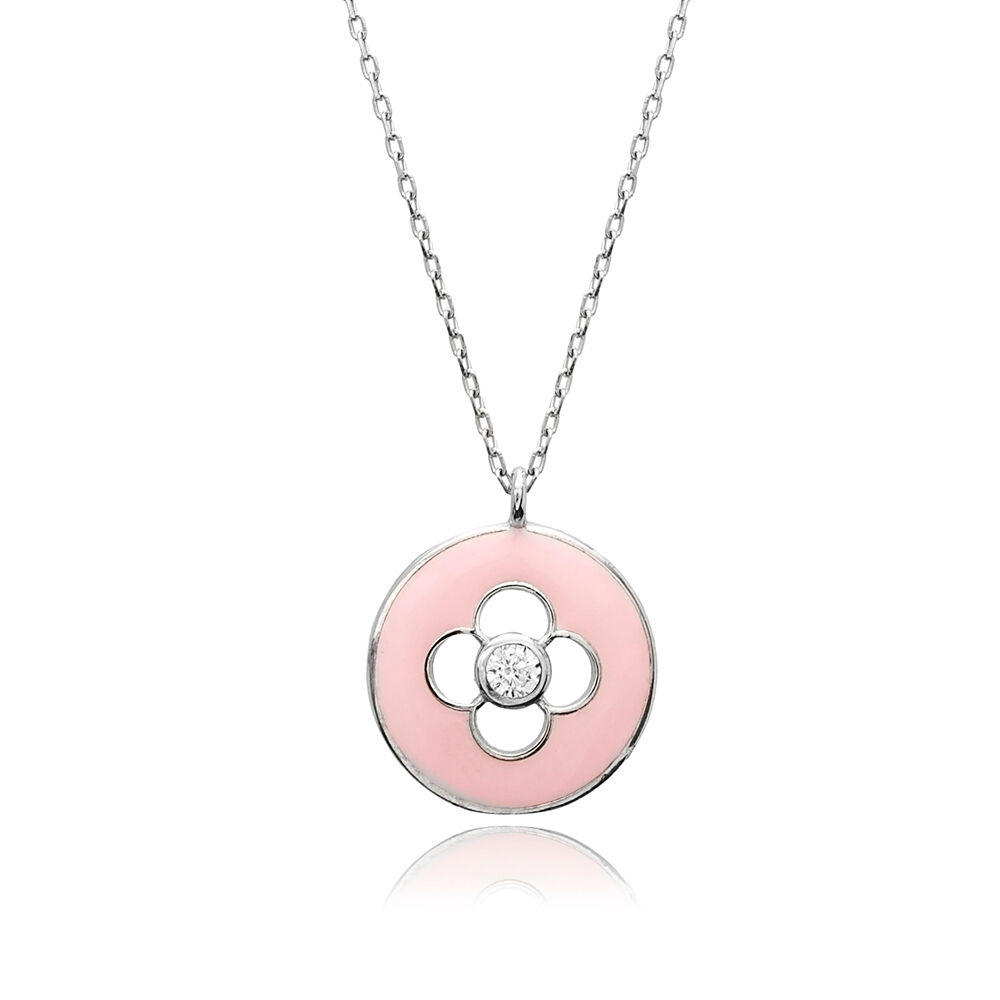 Flower Design Pink Enamel Sterling Silver Charm Necklace