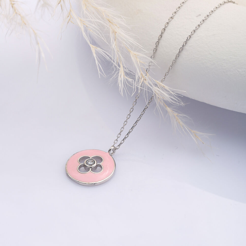 Flower Design Pink Enamel Sterling Silver Charm Necklace