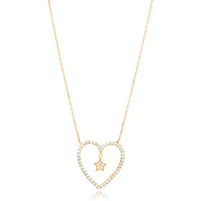 Heart Design with Tiny Star Sterling Silver Charm Necklace