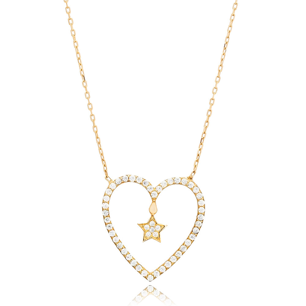 Heart Design with Tiny Star Sterling Silver Charm Necklace