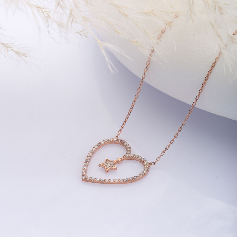 Heart Design with Tiny Star Sterling Silver Charm Necklace