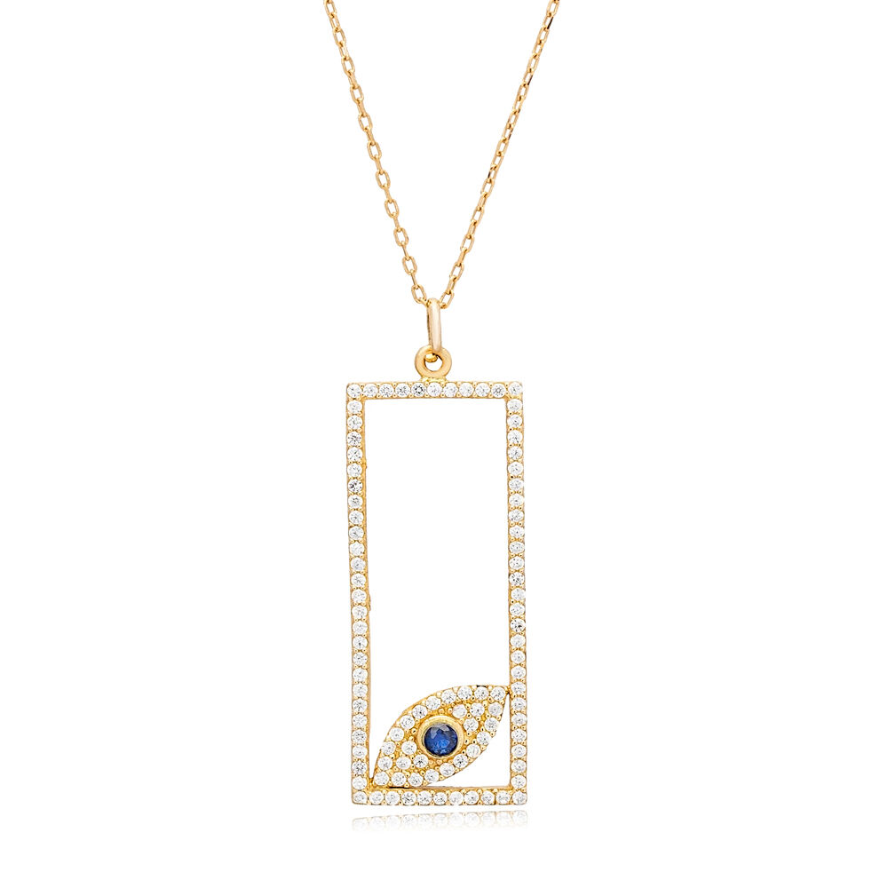 Rectangle Design with Evil Eye Sterling Silver Charm Necklace