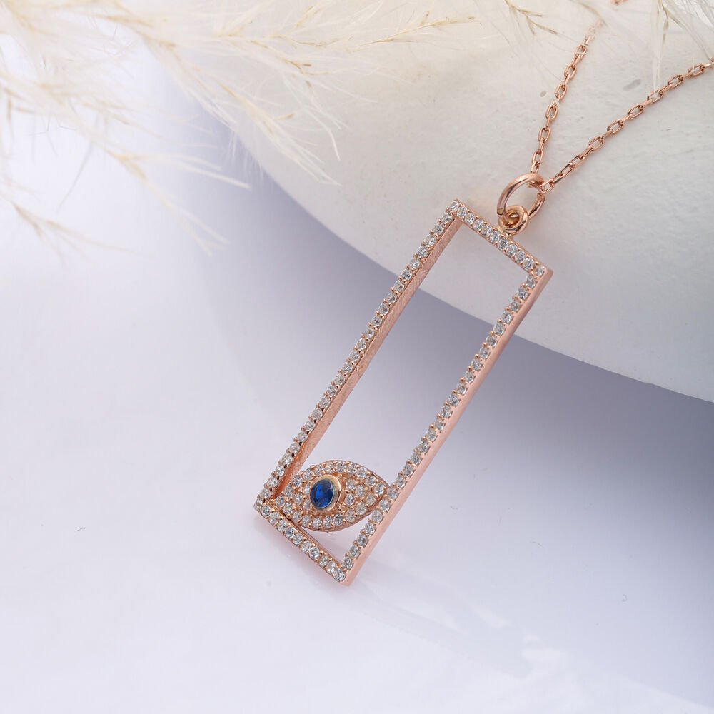 Rectangle Design with Evil Eye Sterling Silver Charm Necklace