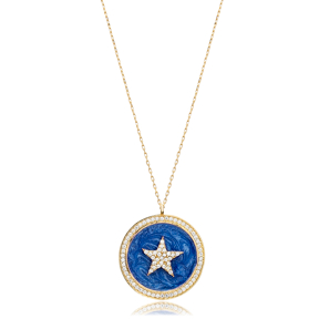 Round Star Design Dark Blue Enamel Silver Charm Necklace