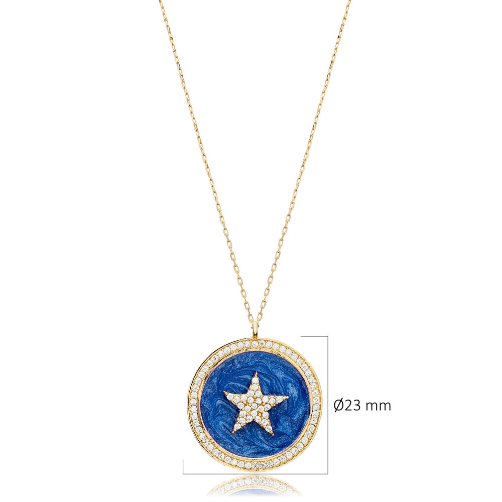 Round Star Design Dark Blue Enamel Silver Charm Necklace