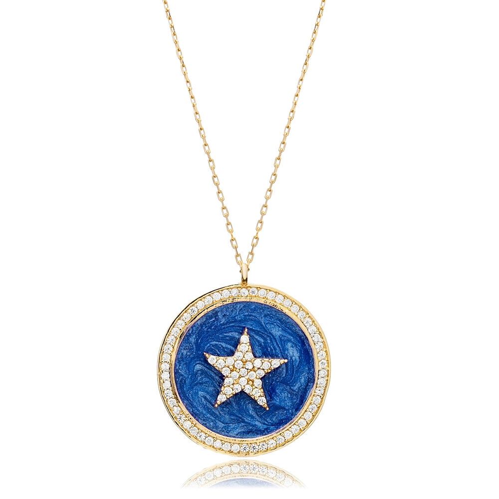 Round Star Design Dark Blue Enamel Silver Charm Necklace