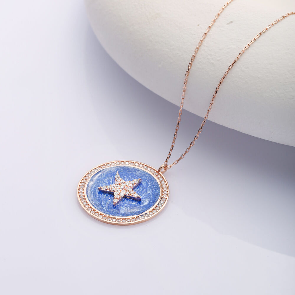 Round Star Design Dark Blue Enamel Silver Charm Necklace