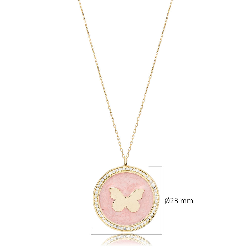 Pink Enamel Round Butterfly Design Silver Charm Necklace