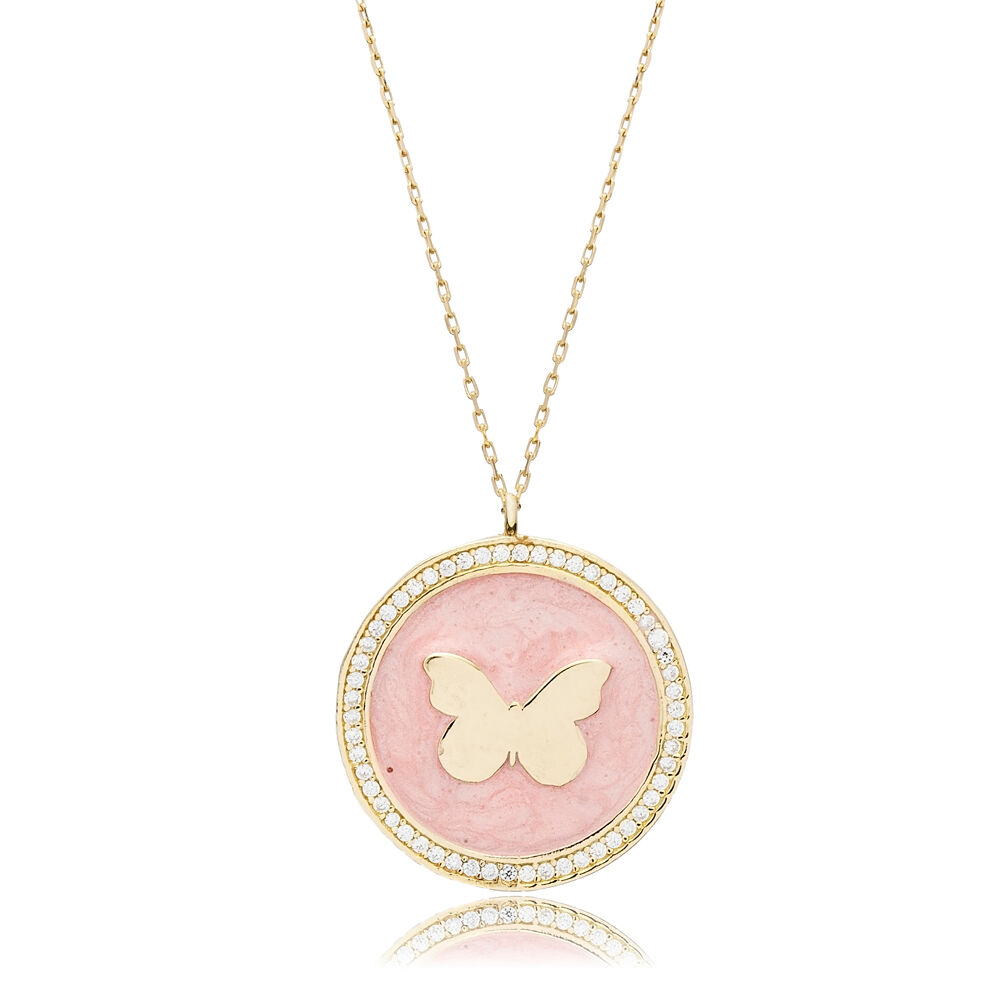 Pink Enamel Round Butterfly Design Silver Charm Necklace