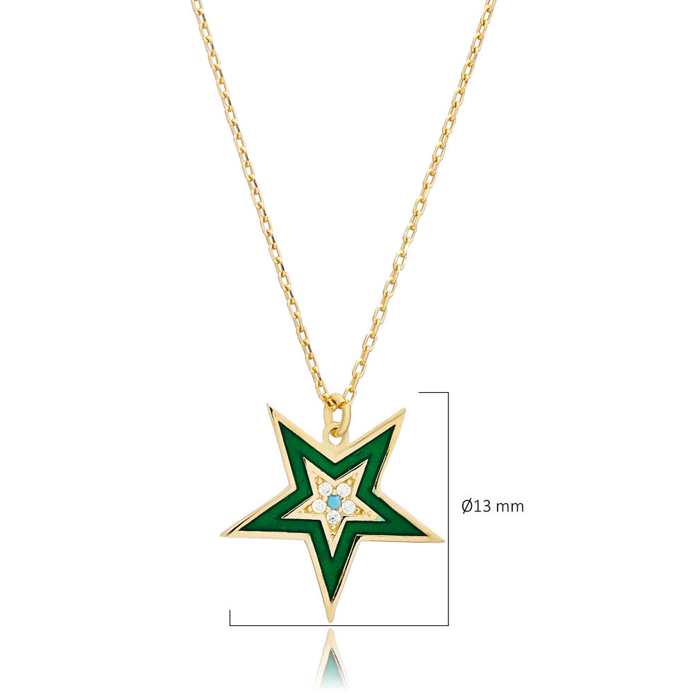 Green Enamel Star Design Wholesale Silver Charm Necklace