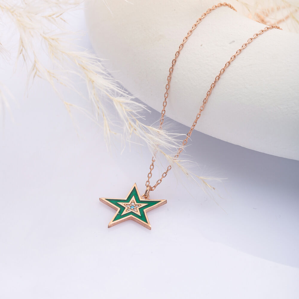 Green Enamel Star Design Wholesale Silver Charm Necklace